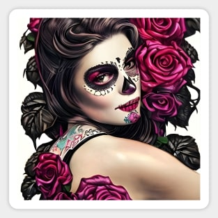 Day of The Dead Pin Up Girl with Tattooes & Roses Magnet